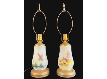 Pair Of Vintage Hand Painted Frosted Glass Table Lamps