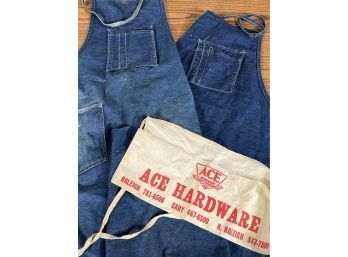 Two Vintage Denim Shop Aprons And Advertising Nail Pouch