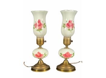 Pair Of Vintage Hand Painted Milk Glass Bell Lamps