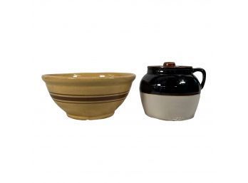 Vintage Stoneware Beanpot And Large Bowl