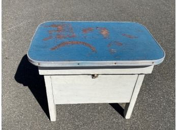 Primitive Little Table With Storage Box 23x15x18.5 Blue Cracklig Top With Metal Latch