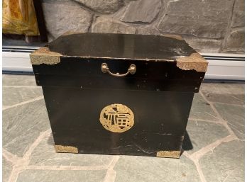 Black Metal Lined Kindling Box With Brass Chinese Accents And Handles 20.5x16x14.5