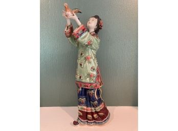 Master Chinese Porcelain Ceramic Woman With Bird Signed Stamped Makers Mark From Gumps SF