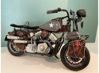 Harley Davidson Or Indian WWII Styled Motorcycle Model Press Tin Hand Painted Metal Rolling Wheels  14.5x9