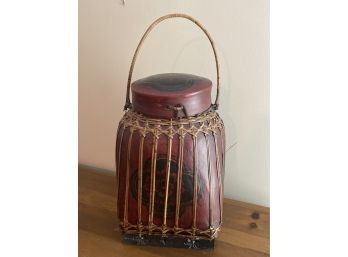 Chinese Hand Painted Woven Wicker And Wood Tea Caddy Basket With Lid  12x18x12 Top Of Handle 24in