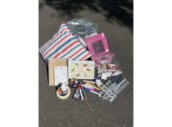 Silver Pouf Seat By Land Of Nod, A Striped Pillow And Miscellaneous Art Supplies. Lets Get Artsy!