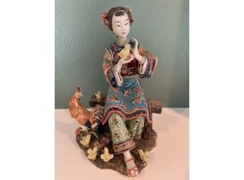 Master Chinese Porcelain Ceramic Woman With Chicks Signed Stamped Makers Mark From Gumps SF