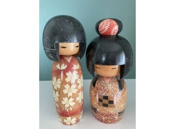 Two Japanese Women Turned Painted Wood 9in Tall