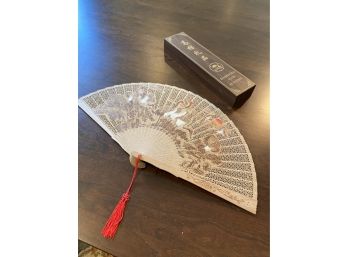 Chinese Wooden Fan Painted Both Sides Cranes And Sunset Open 17inx10in In Red Velvet Lined Box