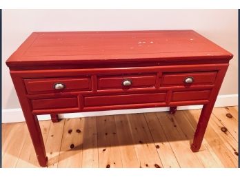 Bright Red Painted Side Board Three Drawer Asian Antique