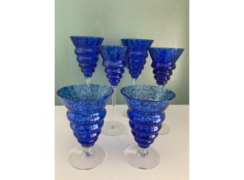 Hand Blown Individually Signed Mottled Blue Glasses Set Of Six