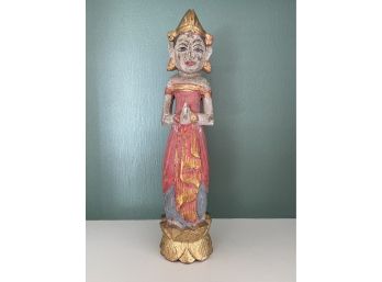 Balinese Goddess On Gold Lotus 19.5x5 Hand Carved Hand Painted