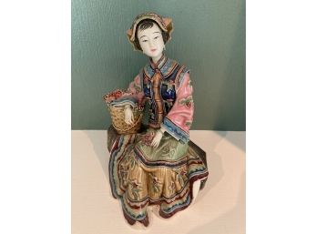 Master Chinese Porcelain Ceramic Signed Stamped Makers Woman With A Basket Of Flowers  9x7in