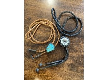 Two Southwestern Bolo Ties Turquoise And  Inlaid  Zuni Corn Maiden Appear To Be Sterling Old Pieces