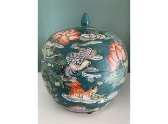 Chinese Ginger Jar Ceramic Jar With Koi Carp And Water Fowl 10in Tall Old Oriental Piece