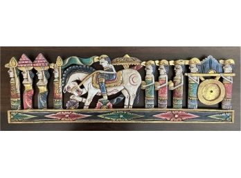 Procession With Gong Painted Carved Wood 38x11in Hand Carved Indonesian Horse