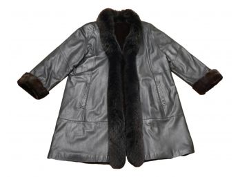 Womens Genuine Leather, Fox And Shearling Swing Coat