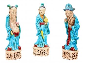 3 Ancient Chinese Elder Sculptures With Headdresses