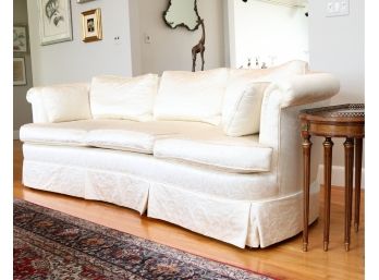 Custom Sateen Damask Upholstered Pillow Curved Rolled Back Sofa With Rolled Arms And A Pleated Skirt