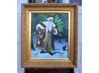 Framed Oil On Canvas Sparkly Old World Santa By Christopher Radko