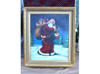 Framed Oil On Canvas Sparkly Santa And Trees By Christopher Radko