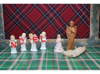 Vintage Christmas Decor - Ceramic NOEL, Wooden Angels And More