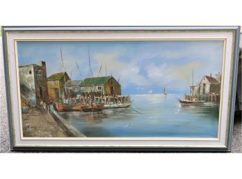 Vintage Large Oil Canvas Painting Signed Reed Kay Ships Harbor