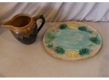 Pottery Pitcher And Old Majolica Platter