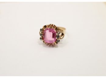 Vintage 14k Yellow Gold Pink Glass Or Crystal Ring Size 8.75