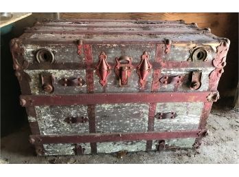 Large Old Steamer Trunk With Red Paint