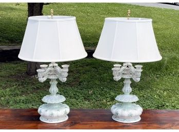 A Pair Of Antique Porcelain Candlesticks, Fitted For Electricity As Lamps