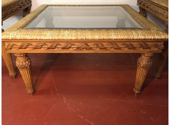 Three Woven Cane And Glass Top Tables. (Click On Photograph For Full Description And Additional Photos)
