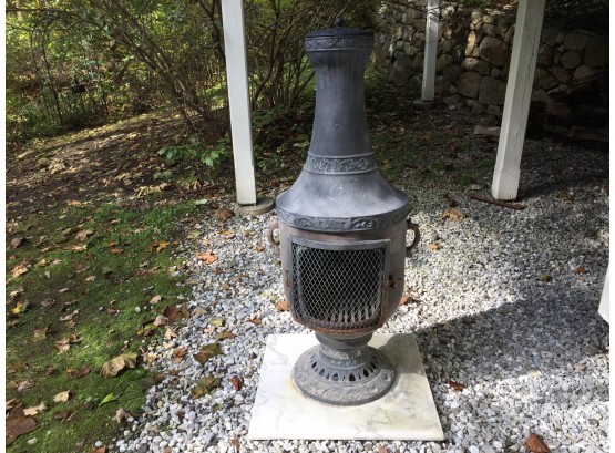 Cast Iron Chiminea Outdoor Fireplace With Heavy Marble Tile Base (Click On Photograph For Full Description And Additional Photos)