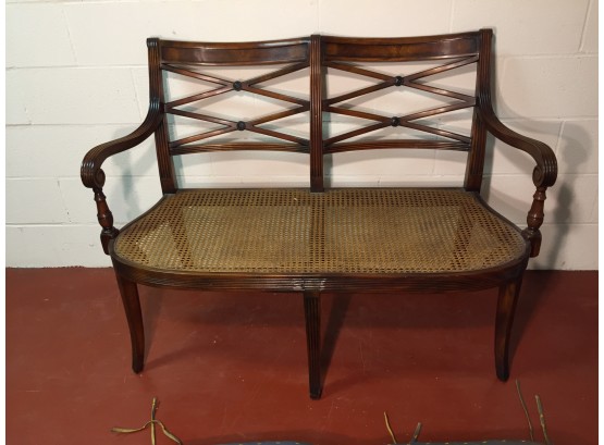 Carved Hardwood Two Seat Cane Bench With Fitted Thick Silk Custom Cushion Seat Cover. (Click On Photograph For Full Description And Additional Photos)