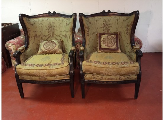 Pair Of ABC Carpet Carved Wood Frame Wing Chairs. (Click On Photograph For Full Description And Additional Photos)