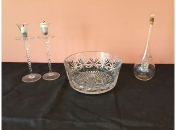 Beautiful Crystal Spiral Candle Sticks, Cut Crystal Bowl And Blown Stoppered Bottle. (Click On Photograph For Full Description And Additional Photos)