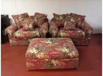 Pair Of Large Red Floral Club Chairs With A Matching Rolling  Ottoman. (Click On Photograph For Full Description And Additional Photos)