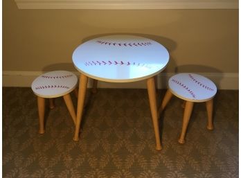Children's Baseball Table And Two Stools. (Click On Photograph For Full Description And Additional Photos)