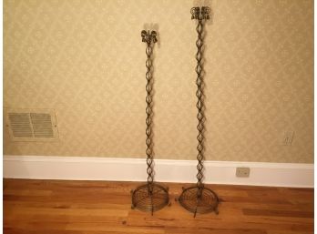Pair Of Handmade Wrought Iron Tall Standing Candle Holders. (Click On Photograph For Full Description And Additional Photos)