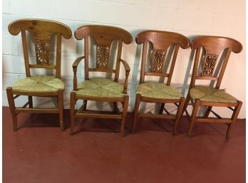 Four Carved Maple Woven Rush Seat Chairs (Click On Photograph For Full Description And Additional Photos)