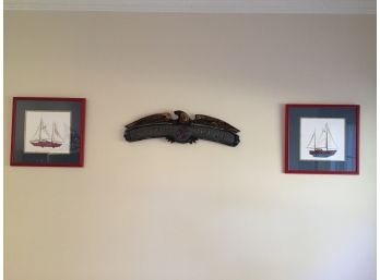 Pair Of Sailboat Prints And A Carved Wood 'Captains Quarters' Eagle. (Click On Photograph For Full Description And Additional Photos)