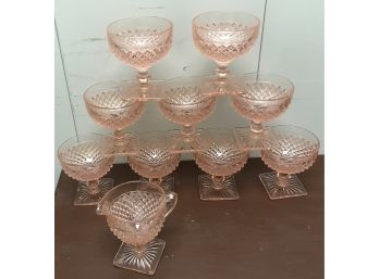 Vintage Pink Glasses Set Of 9 Plus Creamer
