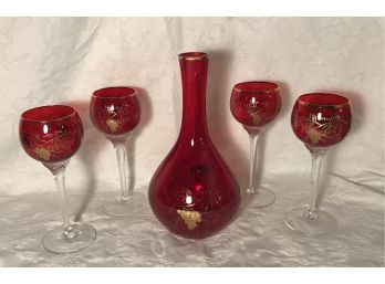 Set Of 4  Rudy Red To Clear Stem With Gold Trim Plus Wine Craft W/ Gold Trim 9.5 Craft Tall X 7 Glasses Tall