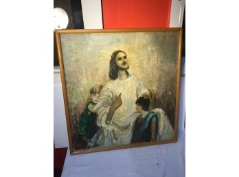Jesus With Kids- Large Oil Painting On Canvas Signed