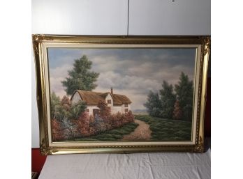 Large Beautiful Cottage Painting On Canvas Signed