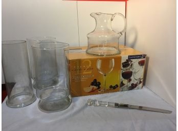 Group Of Glassware Included Hand Blown Pitcher With Etched Ship