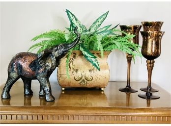 Decorative Elephants And Faux Plant