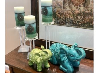 Trio Of SHANNON CRYSTAL Candle Holders And Beautiful Elephant Statues