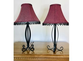 Pair Of Table Top Lamps With Beaded Shades