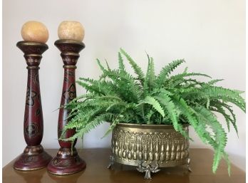 Lovely Candlesticks And Faux Fern Lot